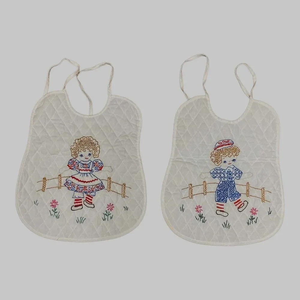Pair Vintage Cross Stitch Quilted Baby Bibs Raggedy Ann & Andy Handmade Quilted